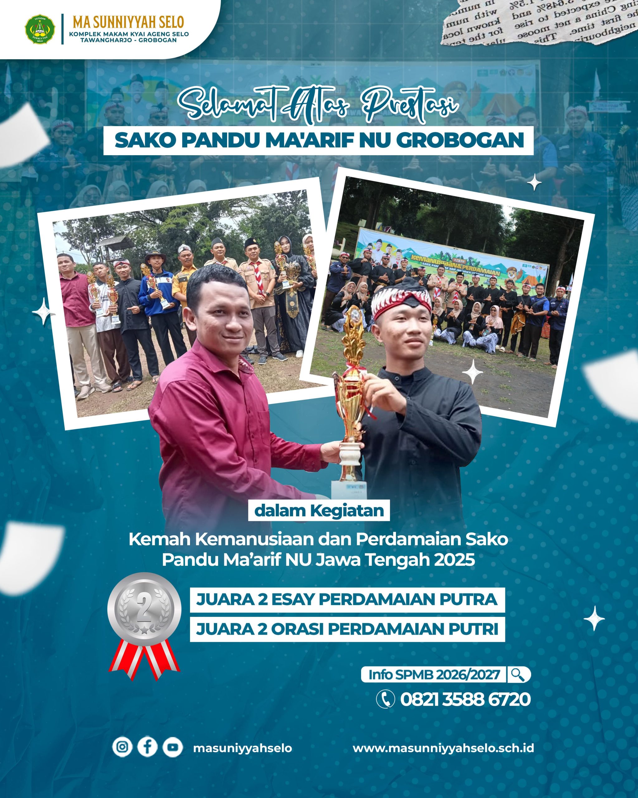 Pramuka MA Sunniyyah Selo Raih Juara 2 Esai Perdamaian juara 2 Orasi Perdamaian di Kemah Kemanusiaan dan Perdamaian 2025